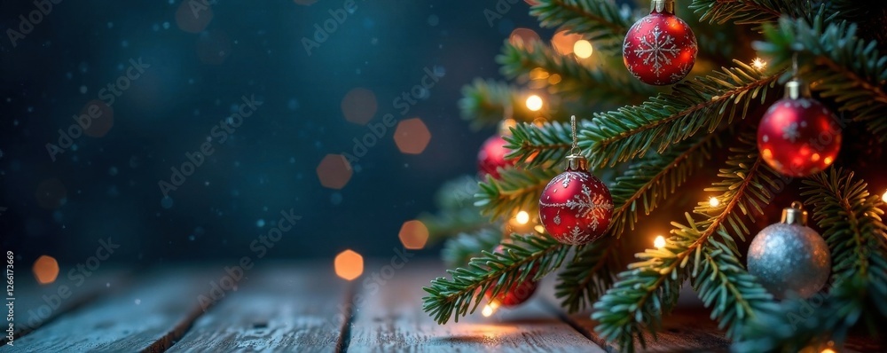 Decorated Christmas tree with snowflakes and festive lights, snow-covered trees, winter decor Decorated Christmas tree with snowflakes and festive lights, snow-covered trees, winter decor
