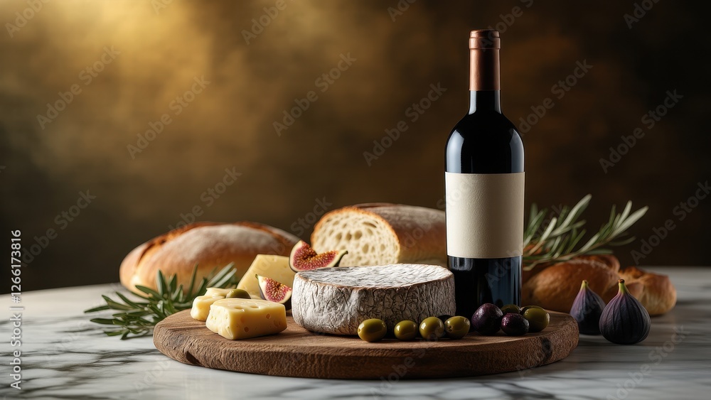 Naklejka premium a bottle of red wine with a cheese platter