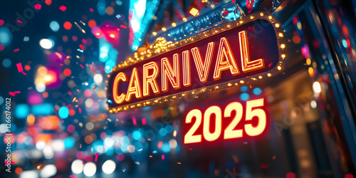 Carnival 2025 neon sign with falling confetti at night