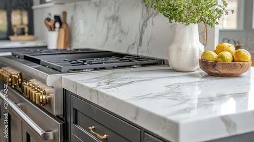 A modern kitchen with marble countertops, a gas range, and a bowl of fresh lemons.