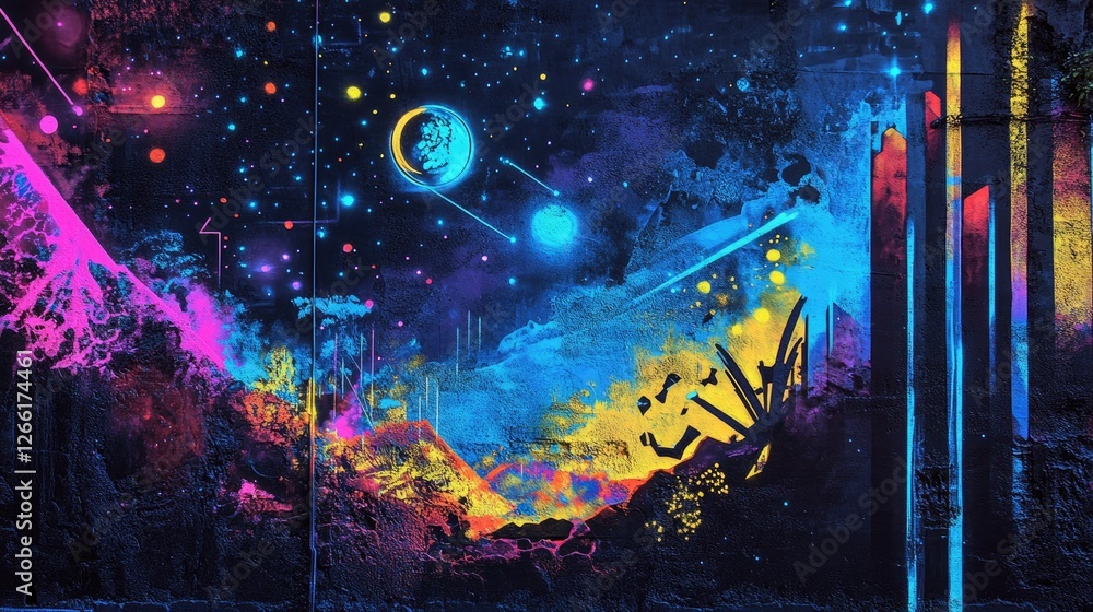 Obraz premium Neon cosmic landscape, vibrant night, digital art, fantasy background