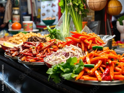 Vibrant display of traditional Thai street food being sold in a bustling Bangkok market, spicy, authentic, Asian cuisine photo