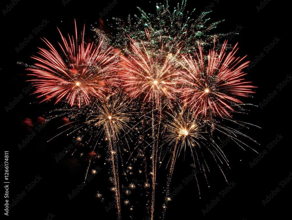 Night fireworks display celebration, dark sky background Night fireworks display celebration, dark sky background