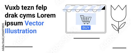 Digital storefront with striped awning, shopping cart icon, buy button, minimal text, and tulip graphic. Ideal for e-commerce, marketing, shopping, retail gardening minimalism flat landing page