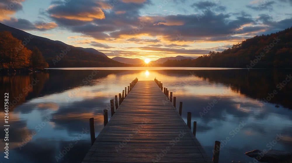 Fototapeta premium Serene Sunset over Still Lake and Wooden Dock