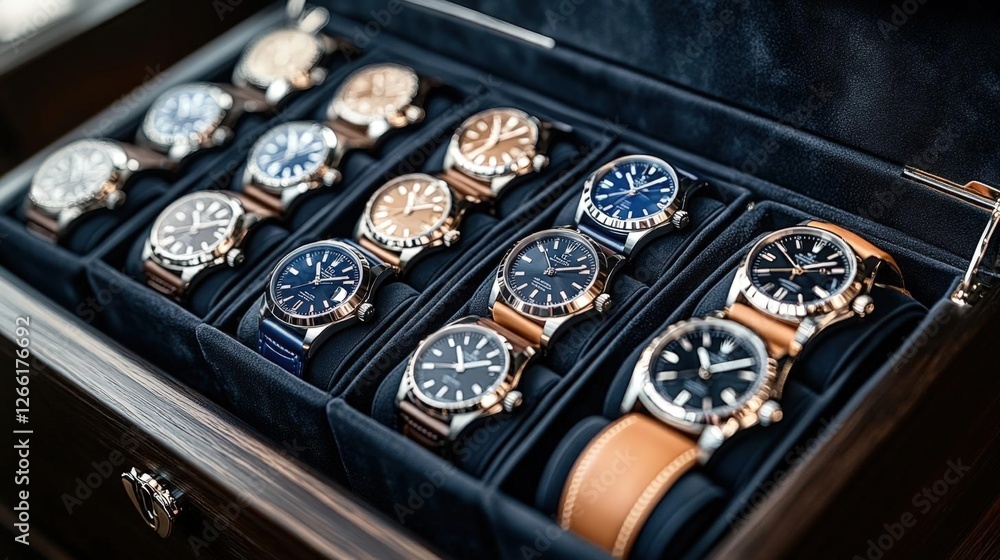 Collection of Analog Wristwatches with Leather Straps in Organized Wooden Box Collection of Analog Wristwatches with Leather Straps in Organized Wooden Box