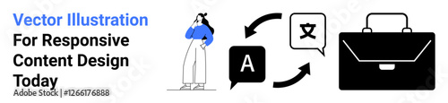 Woman thinking next to multilingual language symbols, arrows, and a business briefcase. Ideal for translation services, global business, education, user interface concepts, workflow design, content