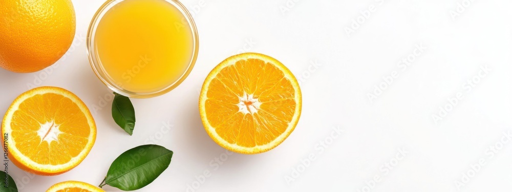A refreshing display of oranges and orange juice with green leaves on a white background. A refreshing display of oranges and orange juice with green leaves on a white background.