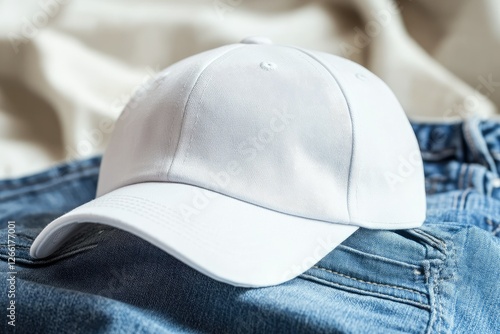 A Plain White Baseball Cap Rests on Blue Jeans