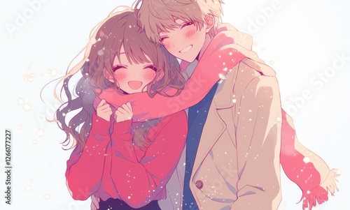 Adorable anime couple hugging in the snow