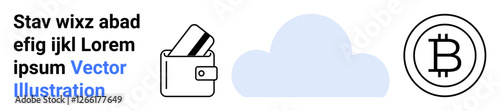 Digital wallet with credit cards, cloud storage icon, and cryptocurrency symbol. Ideal for fintech, digital payments, cloud services, cryptocurrency trading, secure transactions, financial technology
