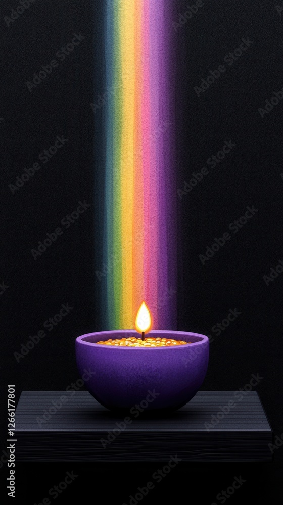 A vibrant candle radiates colorful light in a serene, dark setting.
