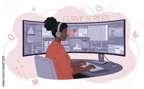Woman using modern office with curved multiple screen computer. Minimalist flat design vector