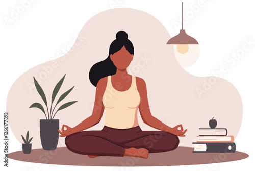 Mixed-race cartoon character woman meditating at home. Colorful minimalist flat design