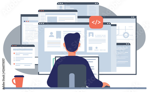 Person working with multiple window open on computer screen. Minimalist flat design