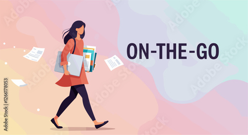 On the go conceptual banner with woman in a hurry with paperwork and laptop