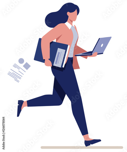 Woman running holding paper work and laptop. On the go for work concept