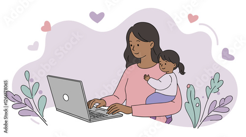 Mother working with a laptop while her toddler is in her arms. Flat design illustration