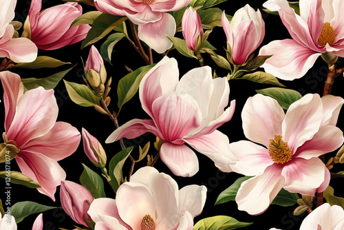 Seamless vector pattern with blooming magnolia isolated on a changeable background. Vintage painting style illustration.