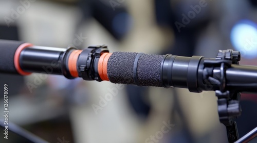 A detailed shot of the boom poles shock mount system revealing multiple layers of foam and elastic bands designed to absorb impacts and vibrations. The mount is securely attached to photo