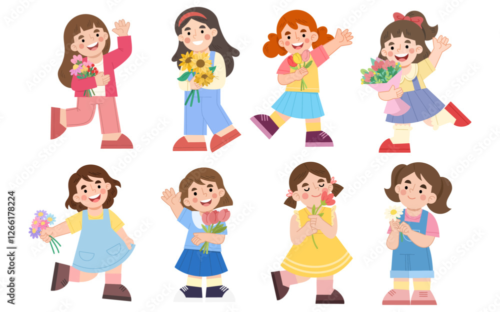 Illustration set of cheerful children holding flowers Illustration set of cheerful children holding flowers
