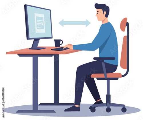 Man using a desktop keeping distance from the screen so as not to damage his eyesight