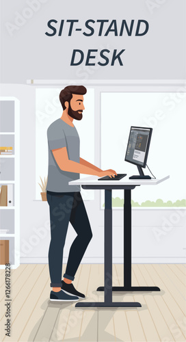Man using an adjustable desk to alternate between sitting and standing work