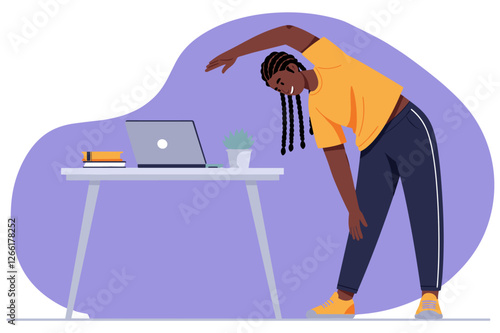 Work stretching concept with black woman exercising next to desk