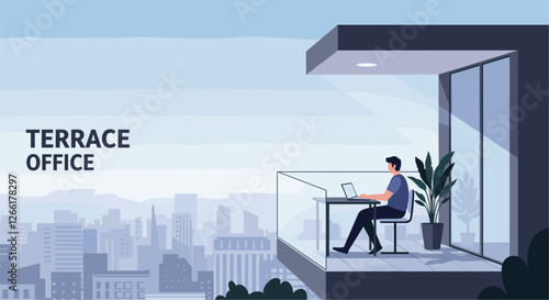 Terrace office concept with person working with laptop with amazing view of cityscape