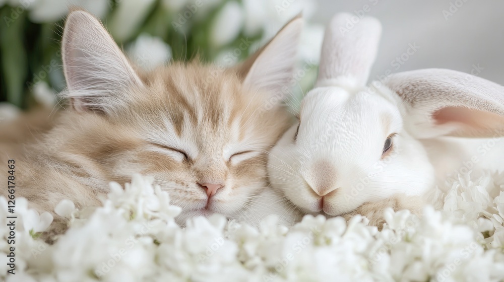 Obraz premium Sleeping Kittens and Bunny Among Flowers. Peaceful Pets. Potential Use Desktop Wallpaper, Children's Books