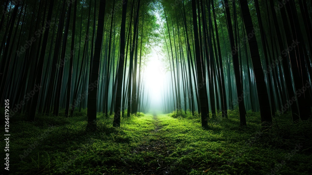 Fototapeta premium Misty forest path, sunlight, bamboo grove, tranquil scene