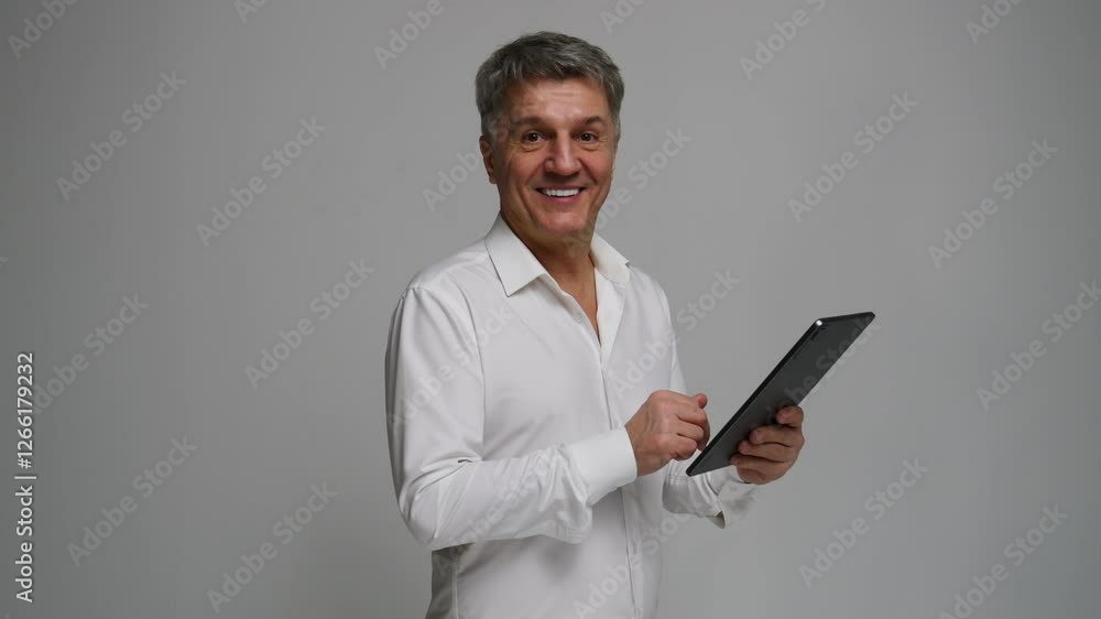 An adult man in shock, gray-haired, holding a tablet in his hands, a happy man An adult man in shock, gray-haired, holding a tablet in his hands, a happy man