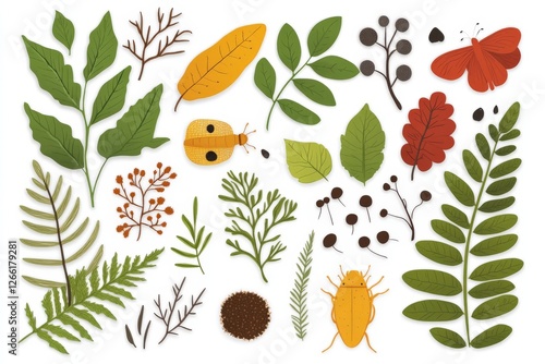 Autumn themed botanical illustration of diverse fall leaves, acorns, and seasonal foliage with intricate detailing, natural textures, and warm earthy tones
