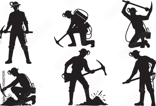 Six miners silhouettes with picks.