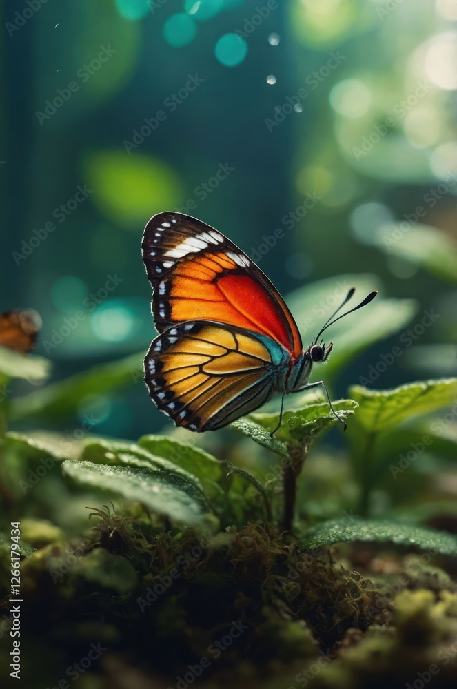 A vibrant butterfly perched on a lush green plant, showcasing nature's beauty and detail. A vibrant butterfly perched on a lush green plant, showcasing nature's beauty and detail.