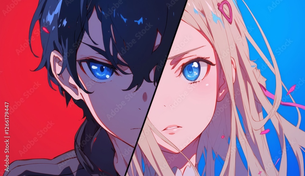 Naklejka premium Anime character design featuring a male character with black hair and a female character with blonde hair, set against a red and blue background.