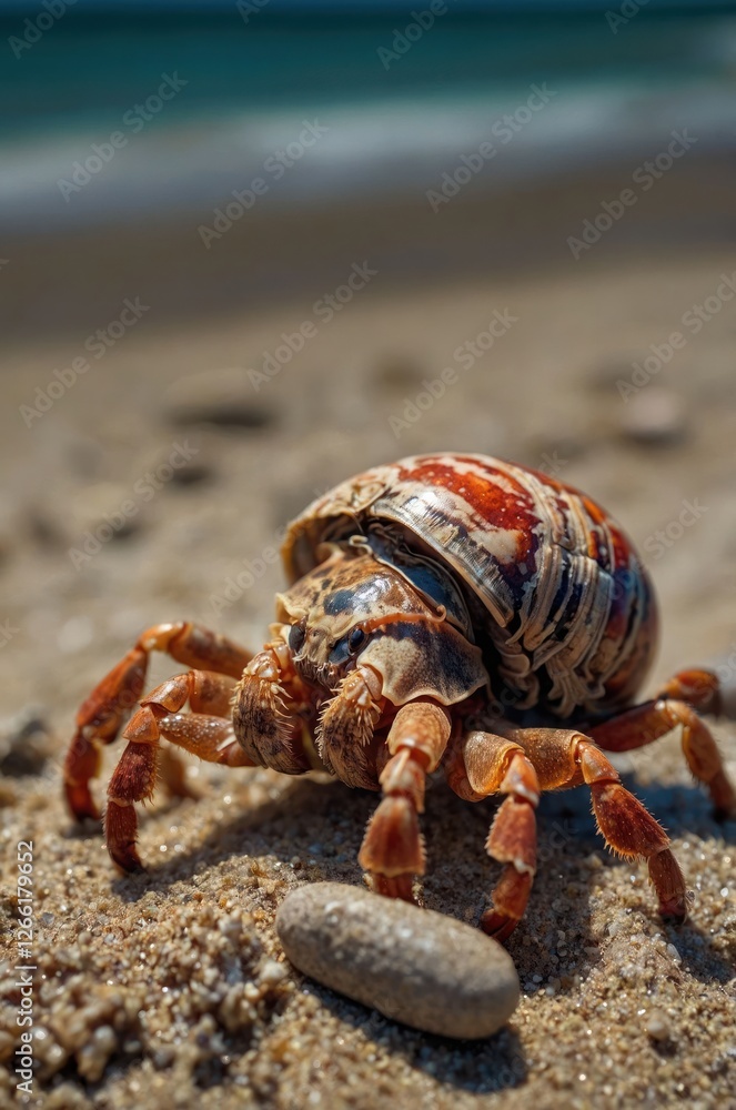 A close-up of a hermit crab on sandy beach, showcasing its colorful shell and surroundings. A close-up of a hermit crab on sandy beach, showcasing its colorful shell and surroundings.