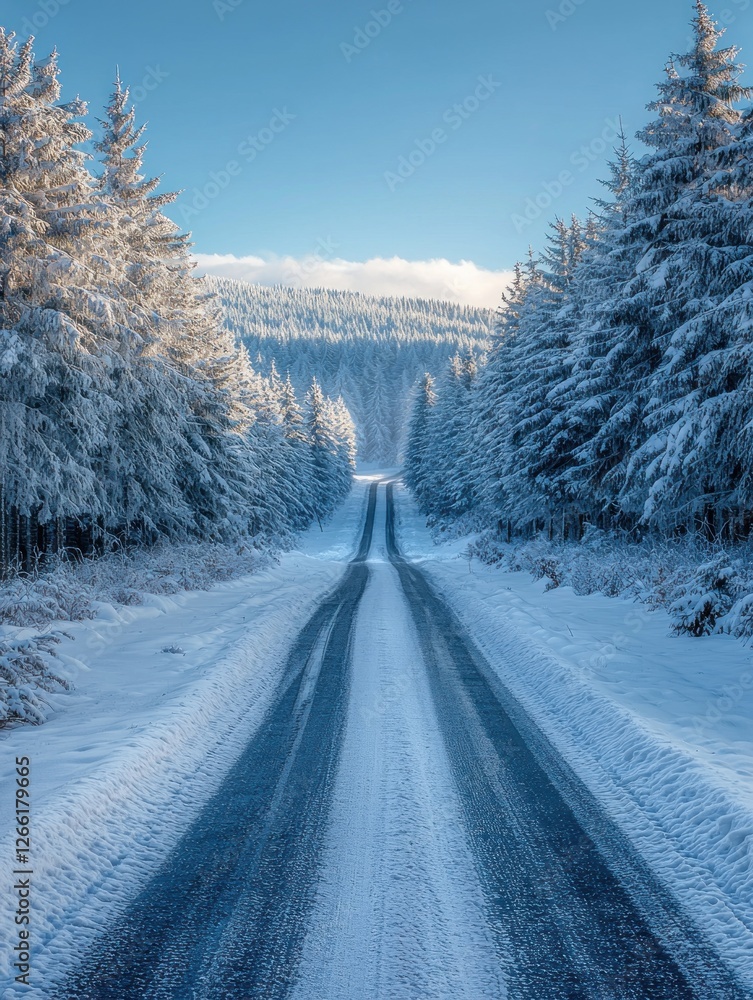 Snowy Road Through a Winter Forest Landscape Snowy Road Through a Winter Forest Landscape