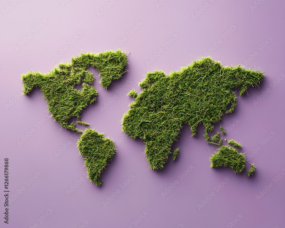 Grass World Map on Lavender Background Grass World Map on Lavender Background