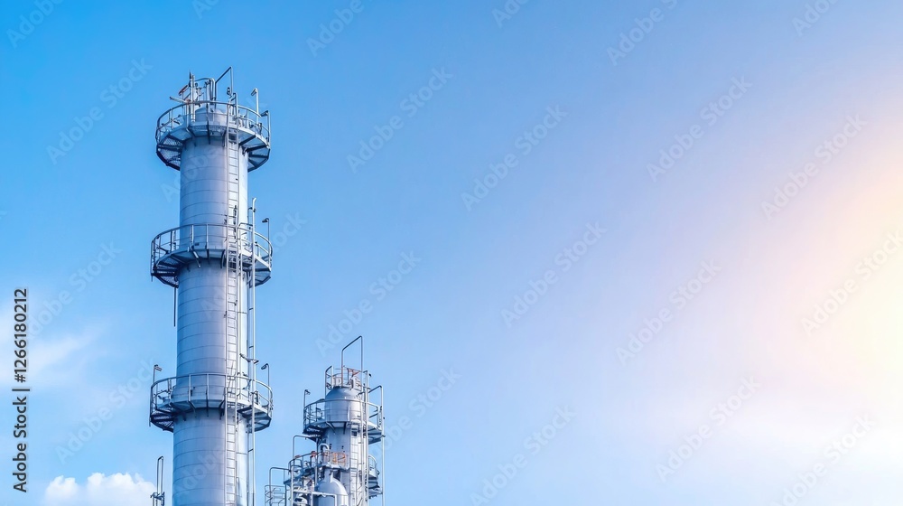 Industrial plant towers against a clear sky. Possible use Stock photo for industrial design, engineering, and manufacturing Industrial plant towers against a clear sky. Possible use Stock photo for industrial design, engineering, and manufacturing