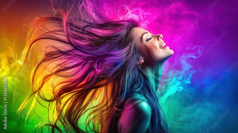 Woman with colorful flowing hair enjoying the neon smoky background for beauty ads Woman with colorful flowing hair enjoying the neon smoky background for beauty ads