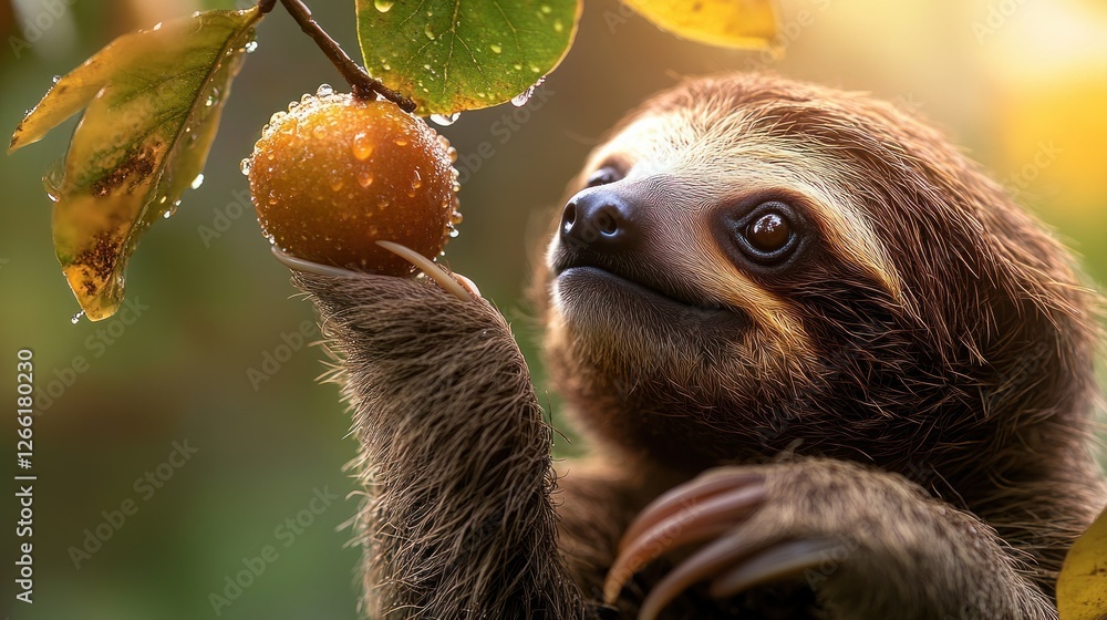 Fototapeta premium Sloth reaching for fruit in rainforest canopy