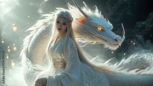 blonde woman and her white dragon in a fantasy scene