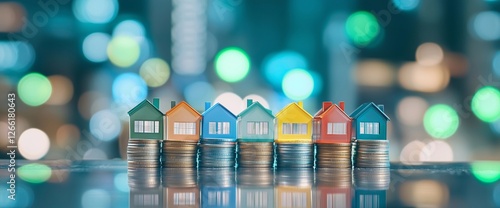 Colorful miniature houses placed on stacks of coins with blurred urban lights in the background during nighttime
