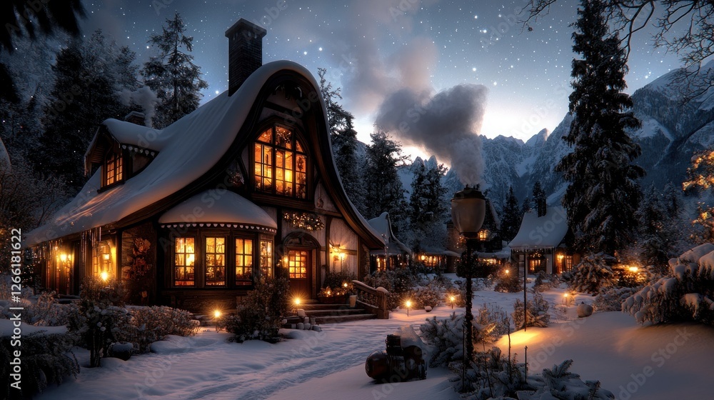 Fototapeta premium Snowy winter chalet at night, warm lights, mountain backdrop