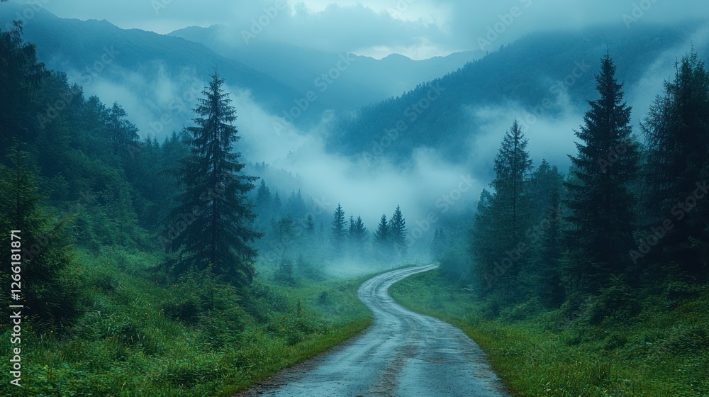 Misty mountain road winding through lush forest Misty mountain road winding through lush forest