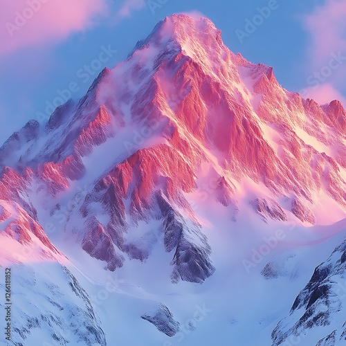 Pink sunrise paints snowy mountain peak, alpine landscape, travel poster photo