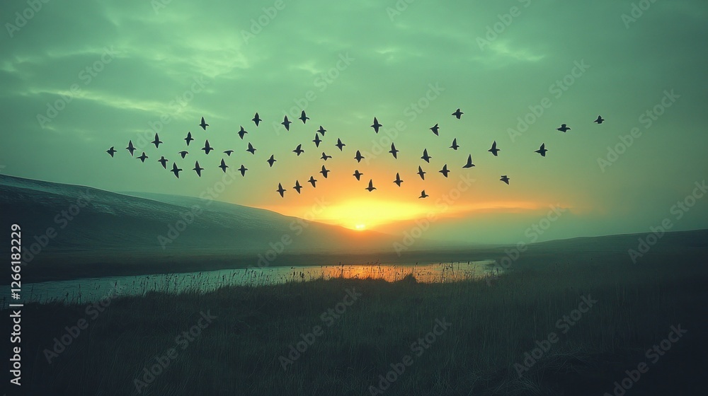 Obraz premium Flock of birds flying over a river valley at sunset
