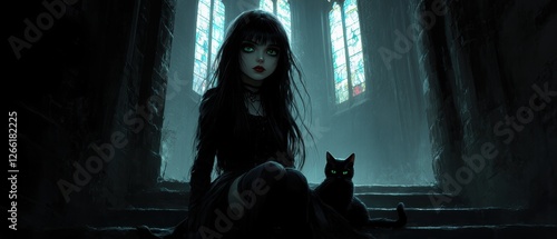 beautiful girl with a black cat in a gothic castle