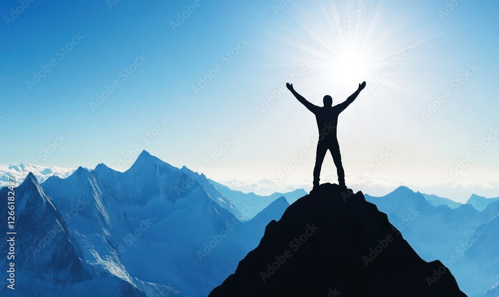 A silhouette of a person triumphantly standing on a mountain peak against a bright sun. A silhouette of a person triumphantly standing on a mountain peak against a bright sun.